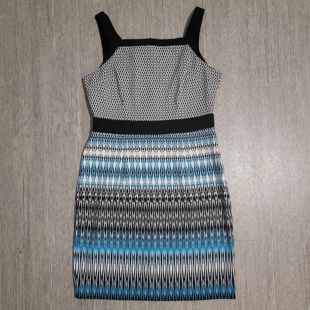 London Times Black and Blue Patterned Midi Dress